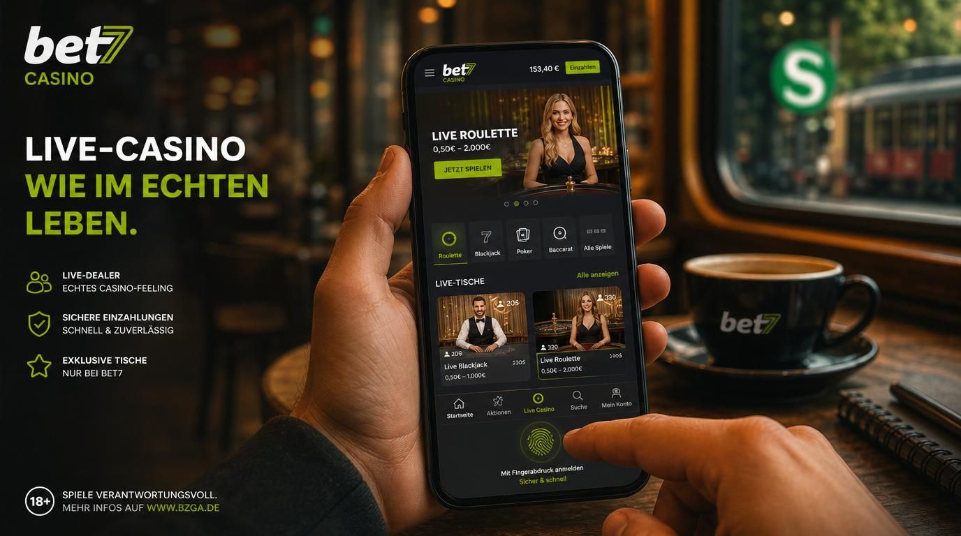Ein Smartphone mit Bet7 Live-Casino im dunklen Theme, Tisch, Dealer und Menü.