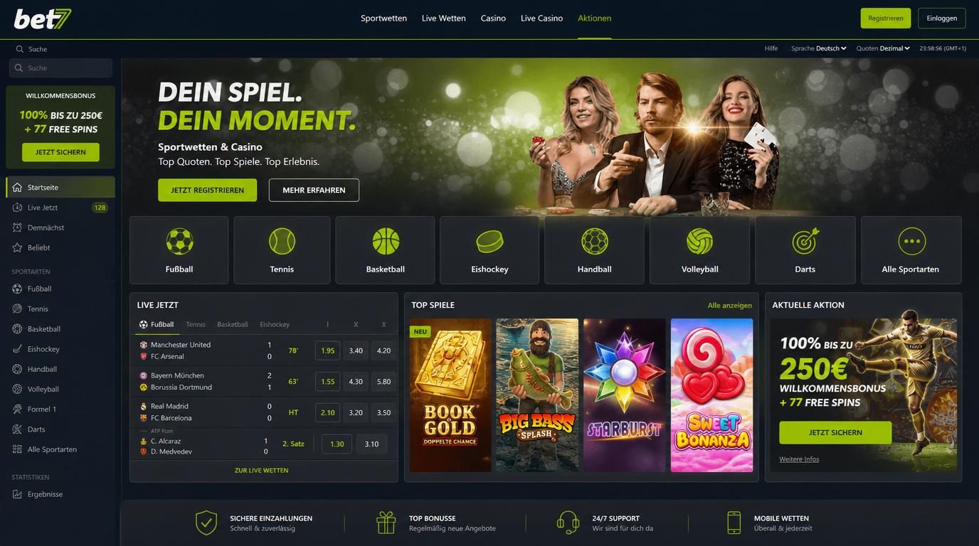  Übersichtliche Sport- und Casinoangebote mit Bonusanzeige und sportart-Icons.