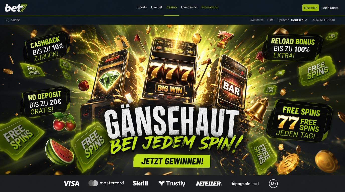 Ein Slot explodiert mit Free Spins, Cashback- und No-Deposit-Boni am Rand. 
