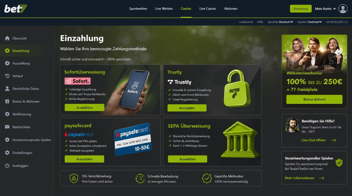 Eine Casino-Zahlungsübersicht mit Sofort, Trustly, SEPA und paysafecard in einem grafischen Interface.