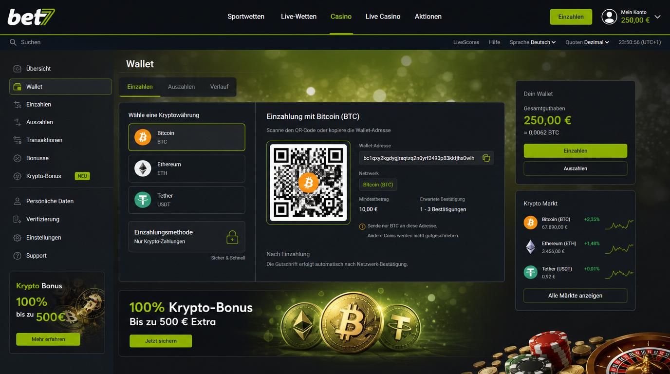Dashboard mit Krypto-Wallet und Einzahlungsoptionen