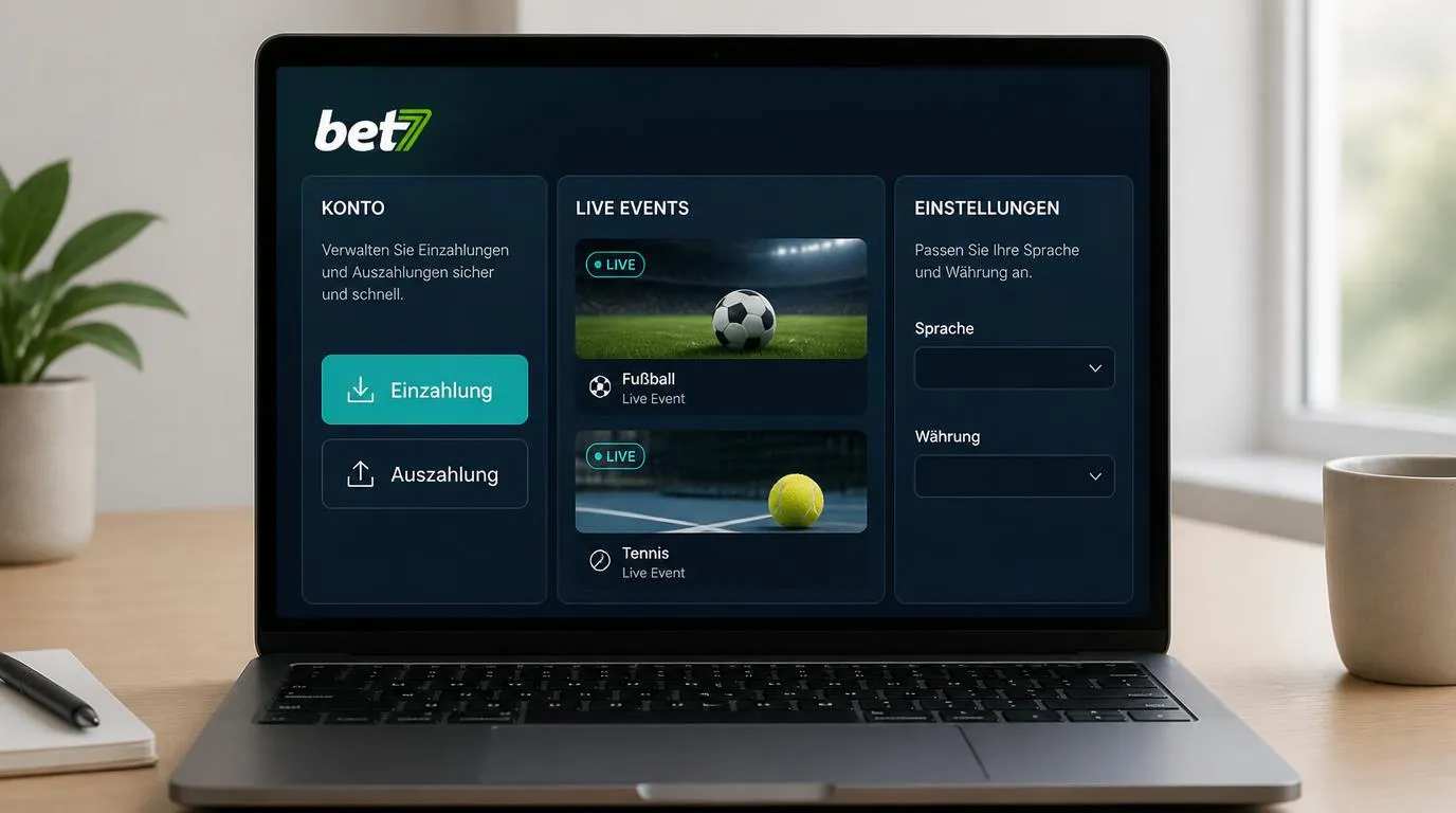 Übersichtliche Plattformansicht mit Einzahlungen, Auszahlungen, Livewetten sowie Sprach- und Währungsauswahl