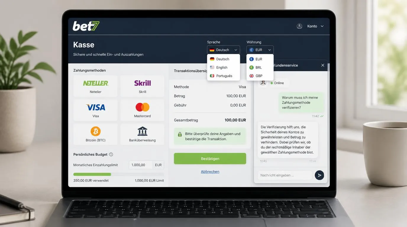 Deutschsprachige Casino-Kasse mit Währungsauswahl, Zahlungsoptionen und geöffnetem Live-Chat