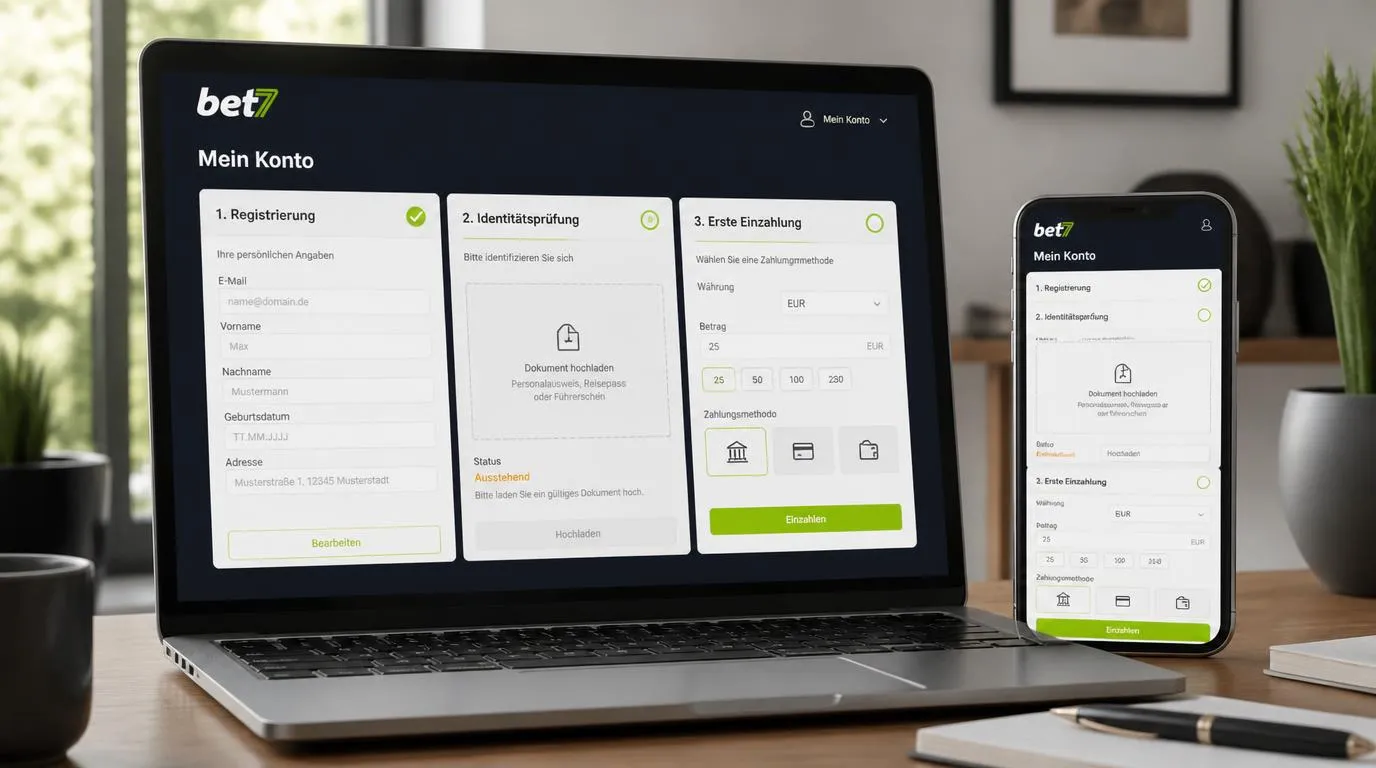 Kontobereich mit Registrierung, Dokumentenprüfung und Einzahlung in Euro auf einem Laptop