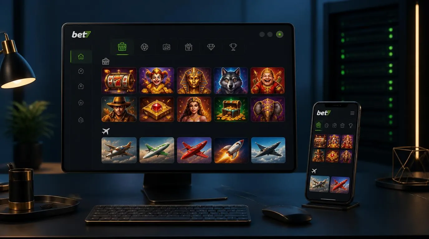 Desktop und Smartphone mit übersichtlicher Casino-Spielauswahl und dezenten Symbolen für technische Stabilität