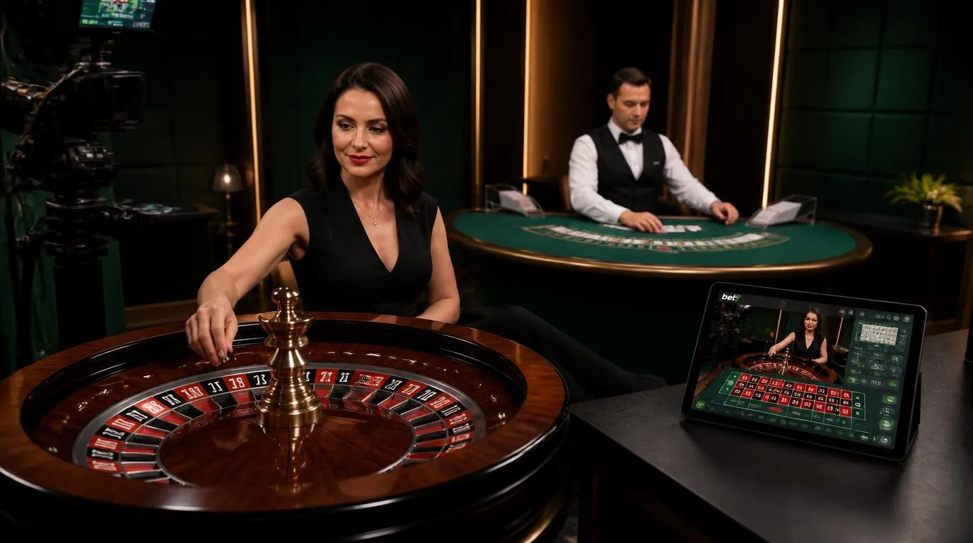Live-Casino-Studio mit Roulette-Dealer, Blackjack-Tisch und digitaler Spieloberfläche auf einem Tablet