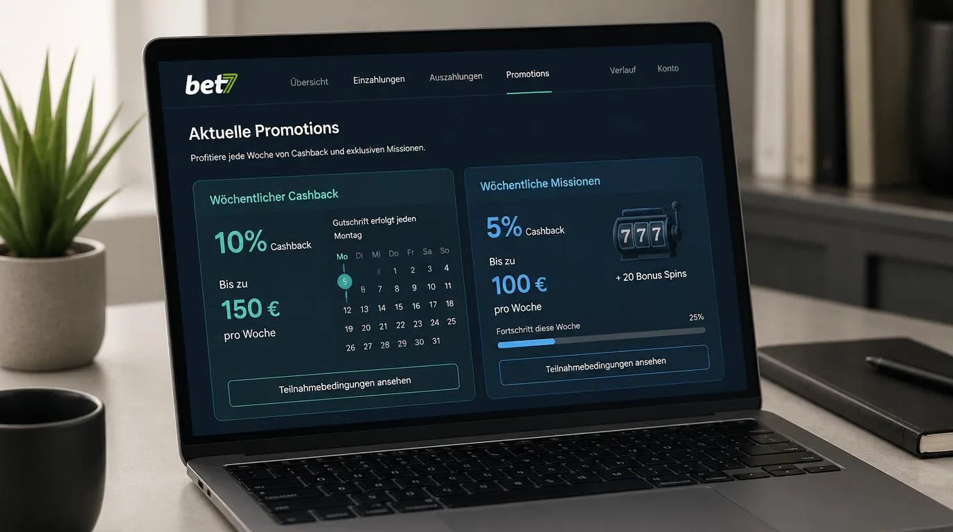 Casino-Aktionsübersicht mit Montags-Cashback, Wochenmissionen und Bonus-Spins auf einem Laptop